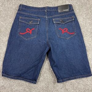 Rocawear Shorts Mens 38 Blue  Denim Red Logo Bermuda Casual Jorts Y2K Baggy